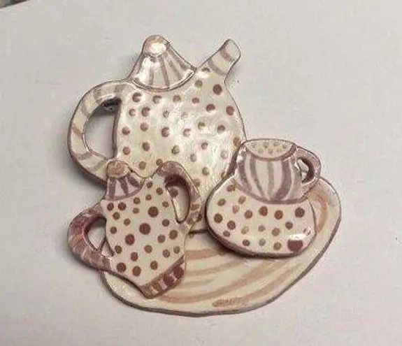 Hand Made Hand Crafted Ceramic Brooch Pin Pink Tea Set Hand Painted