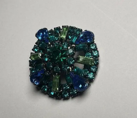 Prong Set Rhinestone Blue & Green Gunmetal Tone Round Brooch Pin