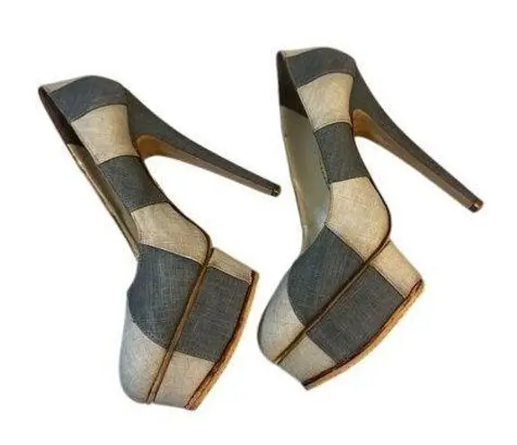 Charlotte Olympia Platform Heels Gray Beige Fabric Block Pumps Size 39