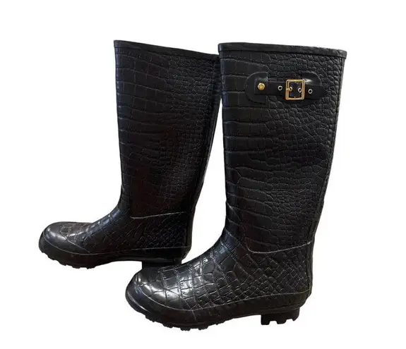 Khombu Womens Black Crocodile-Embossed Rain & Snow Boots Size 10