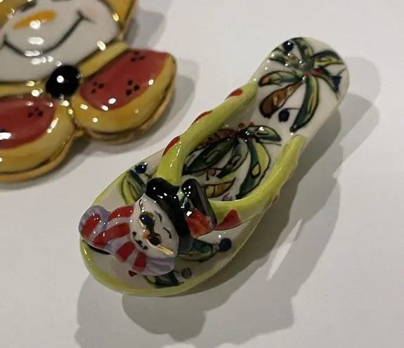 Lot Of 2 Handmade Brooch Pins Ceramic Holiday Christmas / Flip Flip Snowman