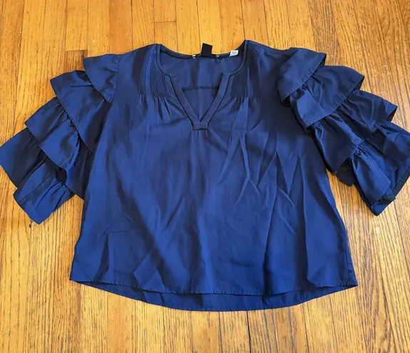 Scotch & Soda Maison Scotch Shirt Womens Medium Navy Blue Ruffle Sleeve V Neck