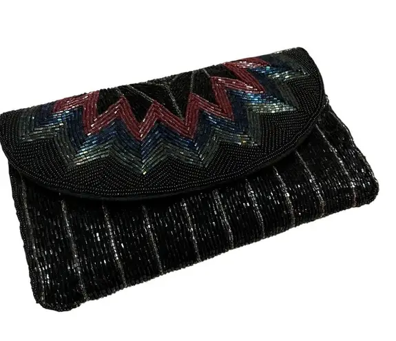 Vintage ADG Beaded Chevron Clutch – 80s/90s Rainbow Glam Black