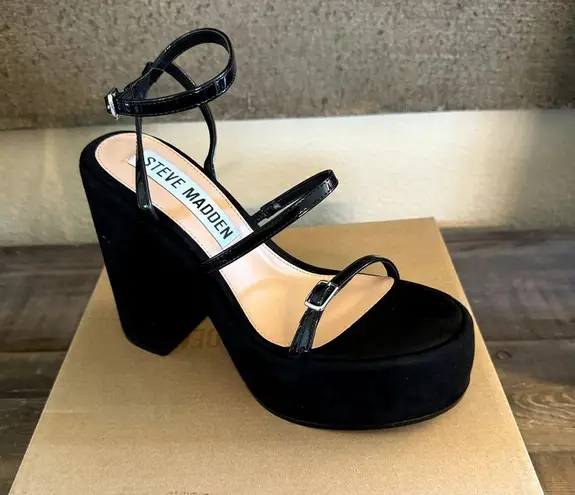 Steve Madden New  Erica Platform Shoes High Heels Sandals Black Patent Straps  9