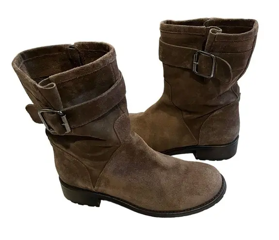 Garnet Hill Taupe Suede Buckle Accent Mid Calf Moto Boot, Sz 6.5