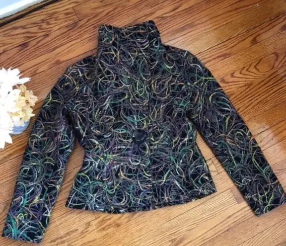 Ecru by Florence Korn Multicolored Yarn Scribbles Fitted Pea Coat Jacket Sz 6