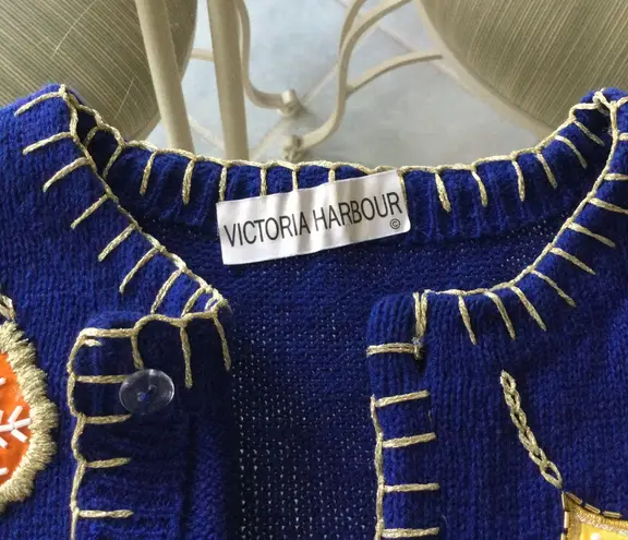 Vintage Victoria Harbour Embellished Christmas Sweater Cardigan Blue Ugly Size M