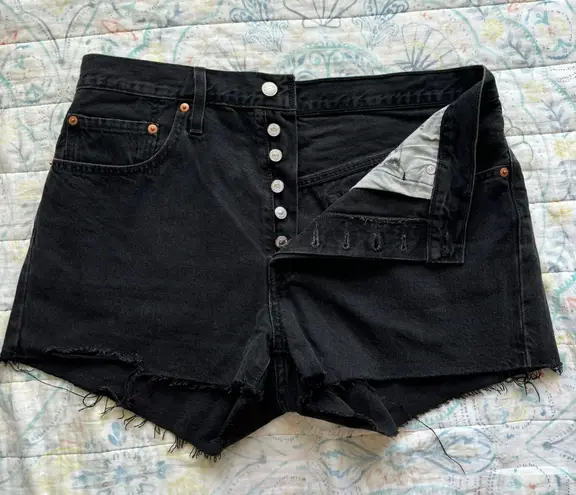 Levi's 501 Black Distressed Denim High Rise Button Fly Cutoff Jean Shorts 31