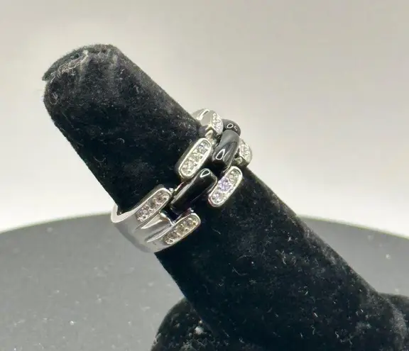 Stylish Women's Black Onyx Silver Ring with CZ Accents, Size 7