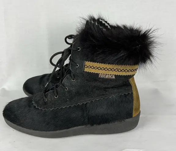 Vtg Fur Sheepskin Tecnica Black Lace Up Ski Snow Boots Sz 42 Shearling Lined