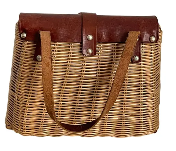 Vintage Wicker & Leather Basket Handbag – Mid Century Artisan Purse Brown