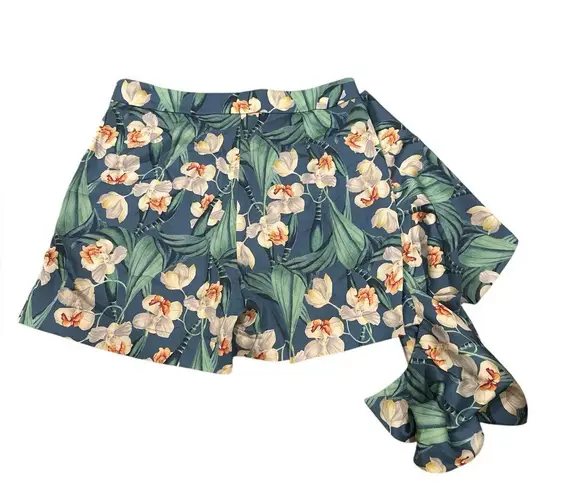 PATBO FLORAL BLUE GREEN TROPICAL RUFFLE SIDE HIGH RISE WAIST SHORTS 6