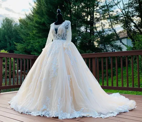 Custom Made Wedding Dress princess long train lace Embroidered Long Sleeve Light Weight