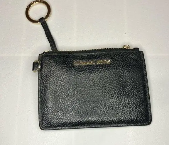 Michael Kors  Black Pebbled Leather Card Zip Wallet Keychain