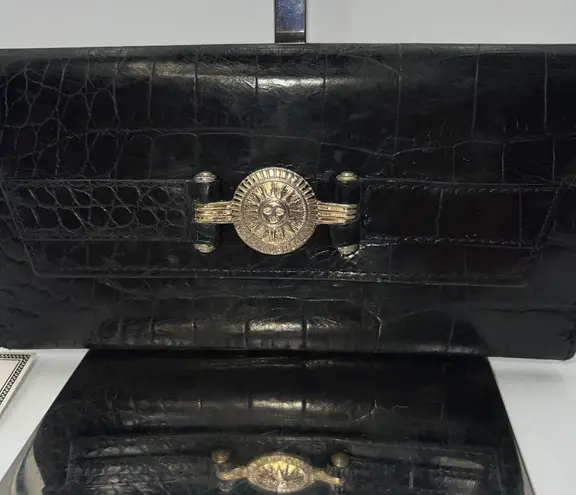 Gianni Versace Vintage Black Croc Embossed Leather Wallet with Box