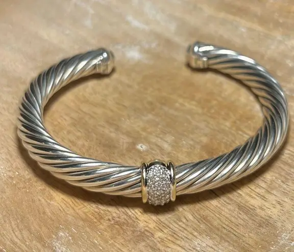 David Yurman Cable Station Bracelet Sterling 18K Yellow Gold & Pavé Diamonds
