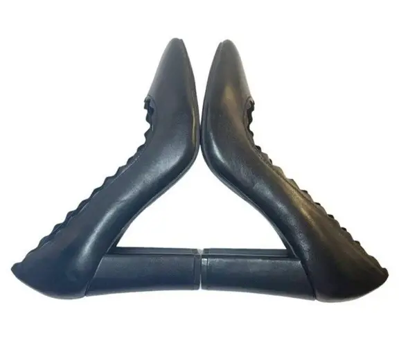 Crown Vintage Willow Black Leather Retro Scalloped Block Heel Pump Womens Size 9