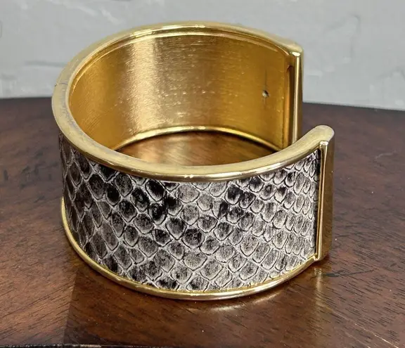 St. John Cuff Bracelet Black & Gray Snakeskin Gold Tone Statement Jewelry