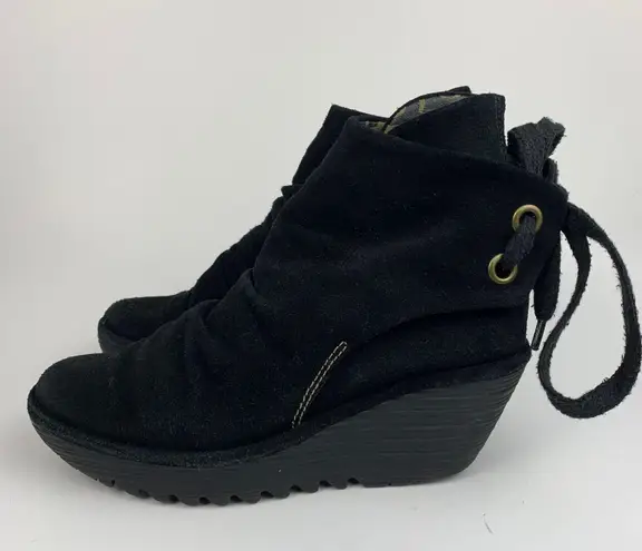 Fly London Black Suede Yama Lace Tie Back Ankle Booties