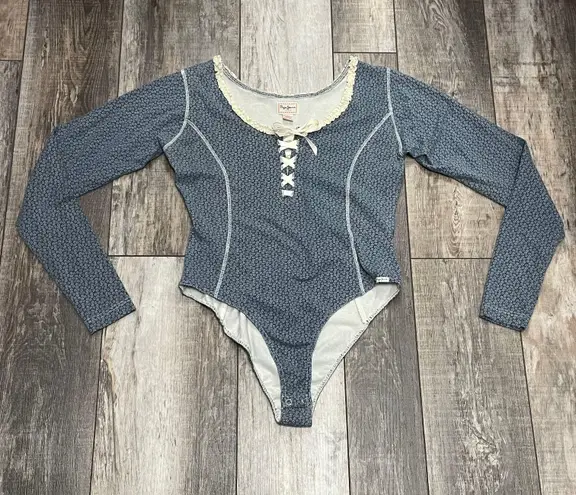 Pepe Jeans Vintage Bodysuit Floral Blue Cream Corset and Lace Detail Size Large