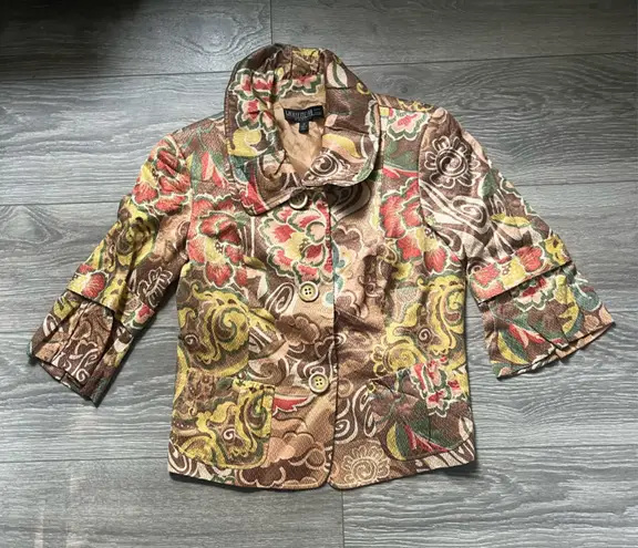 Lafayette 148 Petite Ruffle Sleeve Brown Gold Pink Floral Blazer Size 8P Career