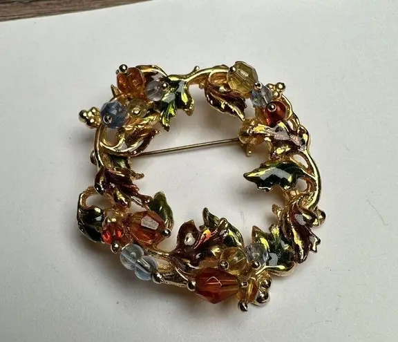 Fall / Autumn Wreath Enamel & Bead Brooch Pin Gold Tone Nice For Thanksgiving