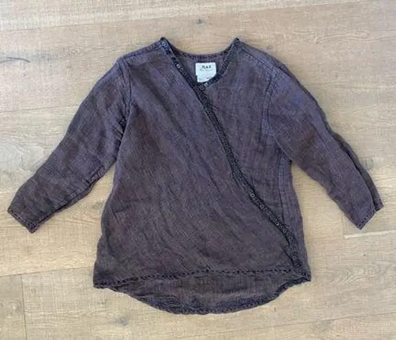 Flax 100% linen purple button trim crossover long sleeve