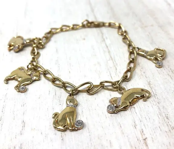 Sterling Silver with gold overlay genuine diamond chips cat charm bracelet