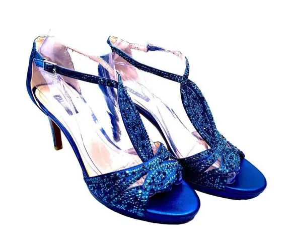 Alex Marie T-Strap Beaded Peep-Toe Dressy Heels Black Tie Fabric 7.5 Navy Blue