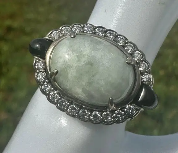 Sterling Silver Celadon Jade & Black Onyx CZ Filigree Ring