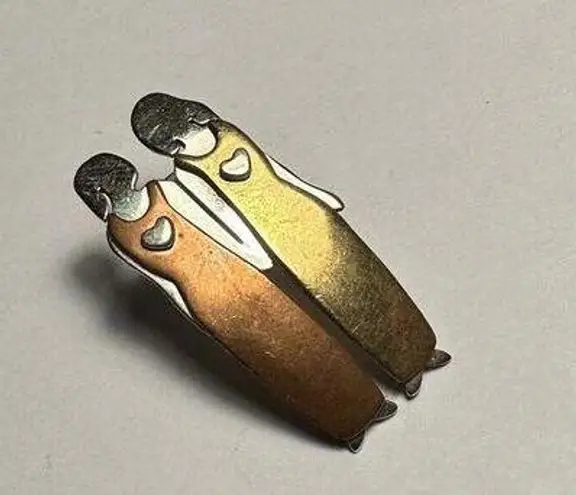 Two Sisters Mima & Oly with Hearts Brooch Pin Tri tone Metal