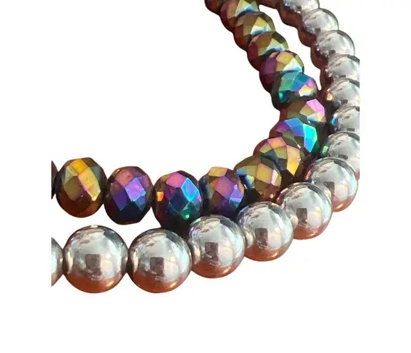 Iridescent Glass Beaded Double Strand Chain Necklace Adjustable Lobster 20.5" Silver
