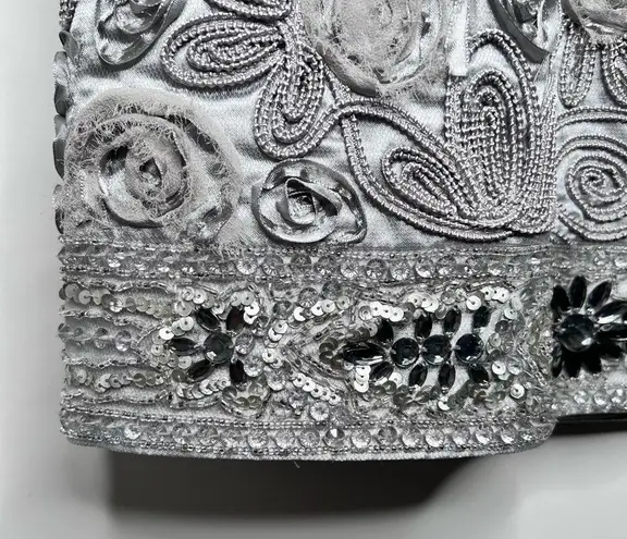 Sue Wong Silver Strapless Silk Blend Beaded Cocktail Dress Size 4