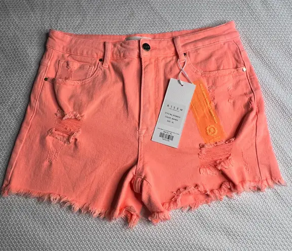 Risen Jeans Distressed Coral Orange Denim Shorts Size XL Cutoff Frayed NWT