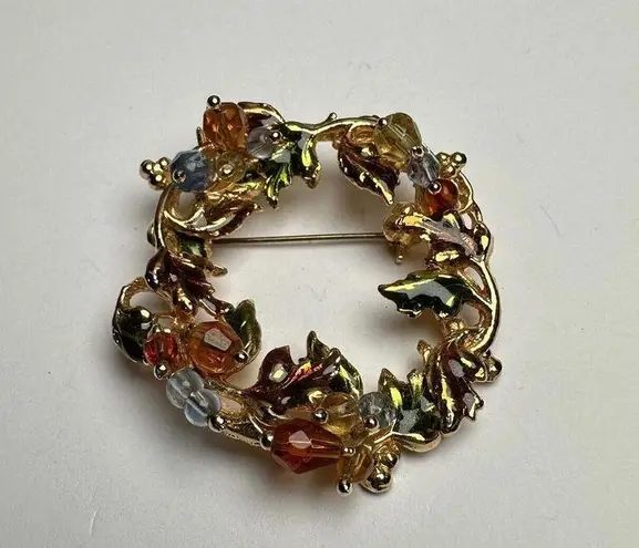 Fall / Autumn Wreath Enamel & Bead Brooch Pin Gold Tone Nice For Thanksgiving