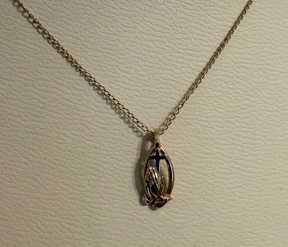 Women's Gold Tone Necklace 1/20 14k GF Praying Hands Cross Beautiful Gold Silver