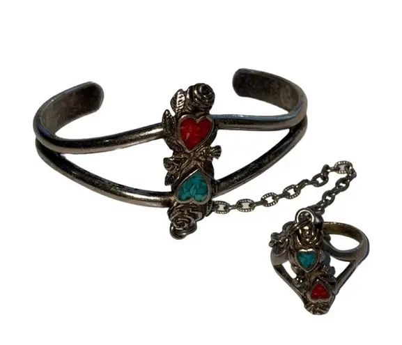 Vintage Native American Southwestern Inlaid Hearts Slave Bracelet/Ring Silver