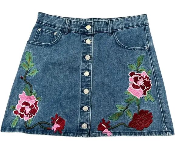 Embroidered Floral Denim Mini Skirt XL Pink Feminine BoHo Cottagecore Concert
