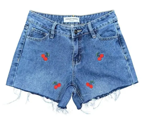 Ashley Mason Cherry Embroidered Cutoff Denim Jean Shorts Mid Rise Women’s 25 Festival Y2K