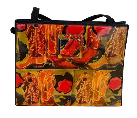 Angela Frascone Vintage Novelty Art Tote Bag Purse Cowboy Boots Roses Top Handle Black
