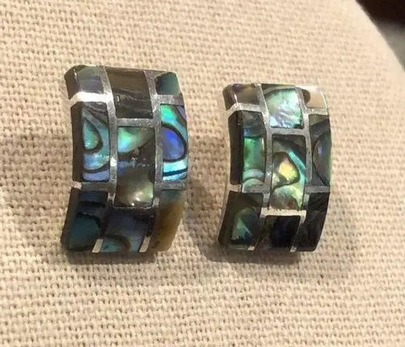 Sterling Silver Vintage Abalone Inlay Mosaic Earrings
