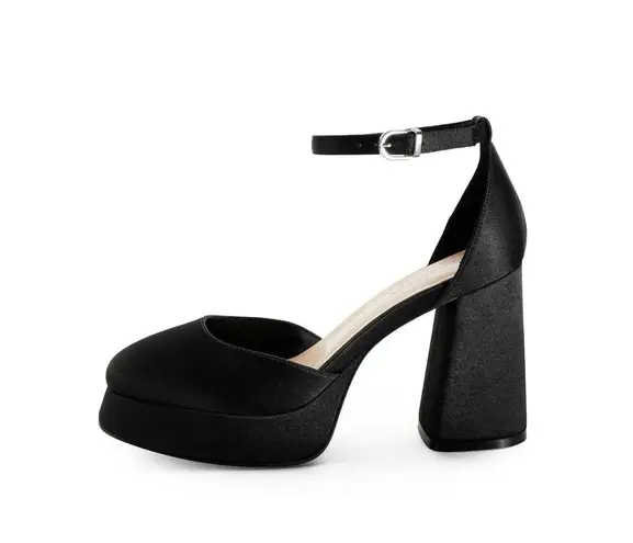 Modatope Women’s Black Satin Platform Chunky Block Heel Platform Pump Size 8