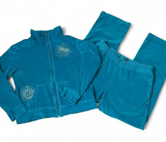SEVENTH AVENUE Teal Velour Y2K Tracksuit Set Rhinestone Embellished 2 piece Set Size L