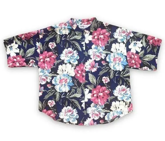 Vintage Randi Shirt Blue Pink Flower Detail Button Up Short Sleeve Collared Size XXL