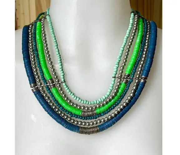 Vintage Blue and Green Multi Strand Necklace, Teal Bead Six Strand Necklace