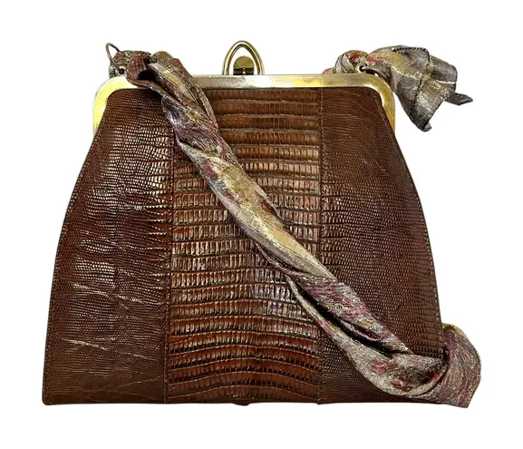Vintage Genuine Lizard Brown Leather Frame Handbag with Oscar de la Renta Scarf