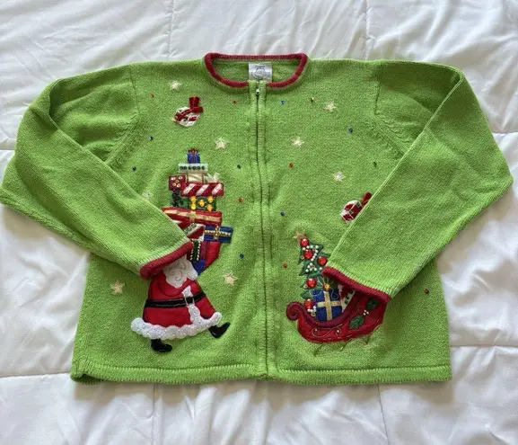 Tiara International Vintage 90s Y2K Womens Girls Full Zip Sweater Christmas Holiday Santa Green