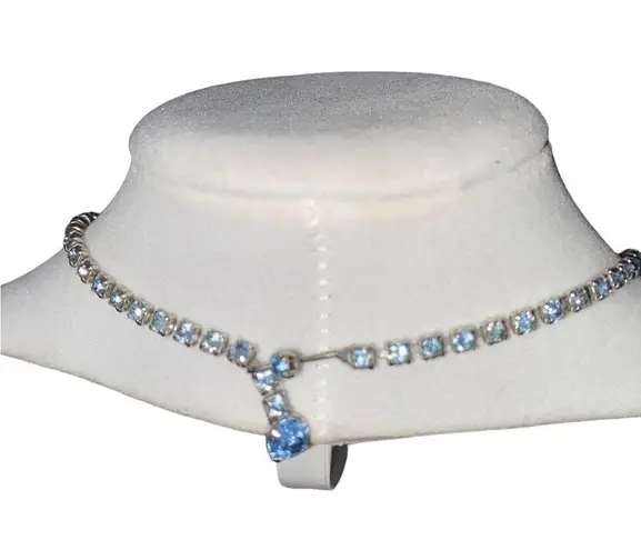 Vintage Royal Blue & Light blue Rhinestone Necklace Silver Tone