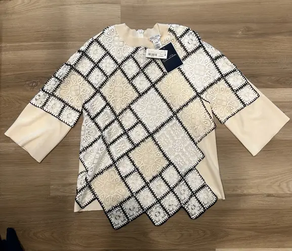 Oscar de la Renta Cream Lace and Crochet Patchwork Blouse Sweater
