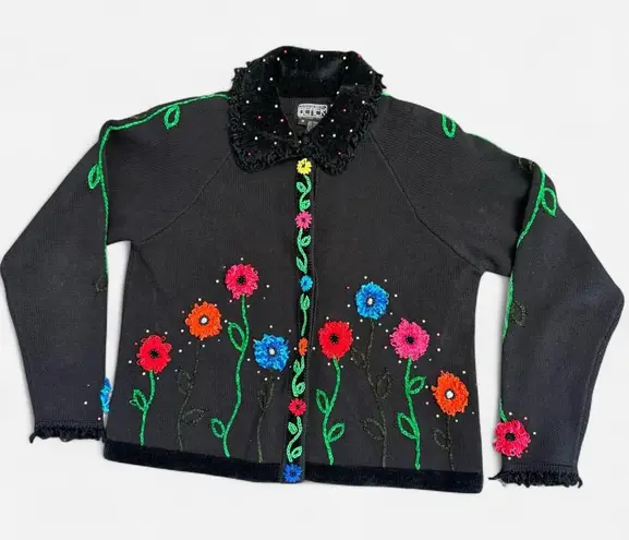 Vintage 1990s berek Floral Embroidered beaded Knitted Button Up Sweater medium Black